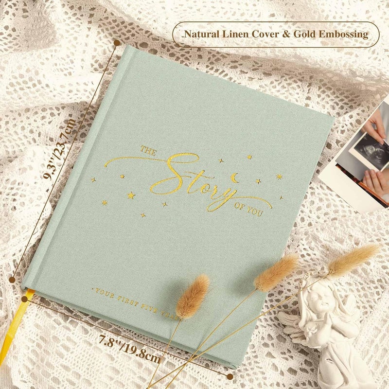 Lanpn Baby Memory Book - Linen Baby Book Journal Memories Keepsake - The Story of You - Newborn Baby First 5 Year Scrapbook Photo Book Milestone Album for Boy Girl New Parents (Sage Green, 154 Pages) - Image 2